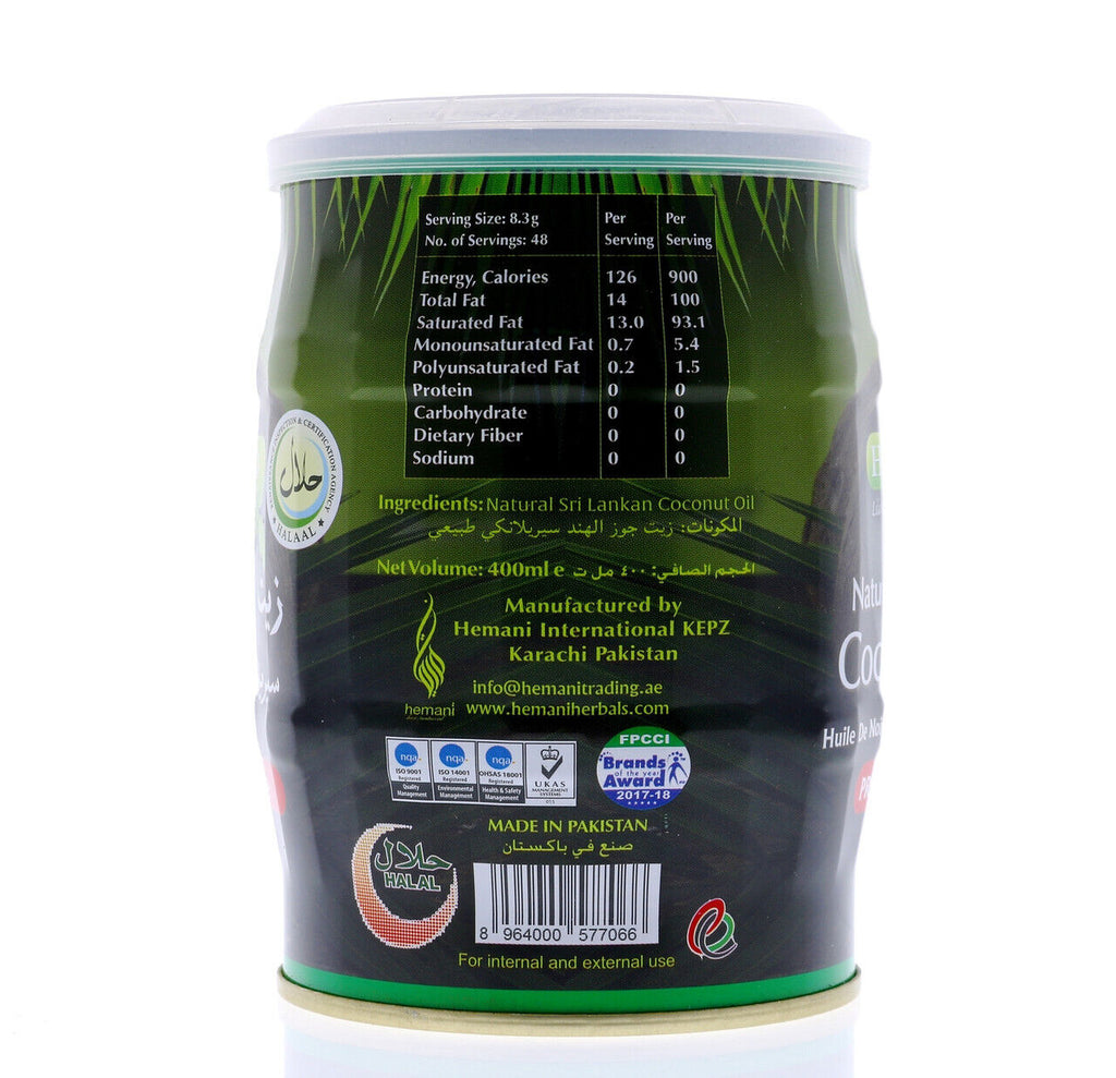 Hemani Herbal Oil 400ml Coconut Protect and Beautify Your Skin Helping to Lose Weight Reduces Cholesterol Level Composed of A Group of Unique Fat Molecules