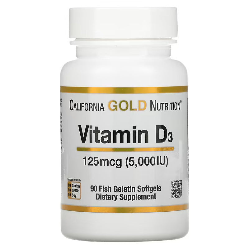 California Gold Nutrition Vitamin D3 125 mcg (5000 IU) - Dietary Supplements - No Gluten, No GMOs, No Soy - 90 Capsules