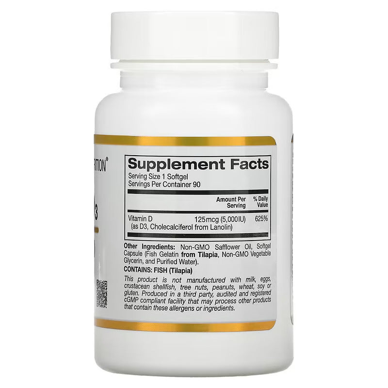 California Gold Nutrition Vitamin D3 125 mcg (5000 IU) - Dietary Supplements - No Gluten, No GMOs, No Soy - 90 Capsules