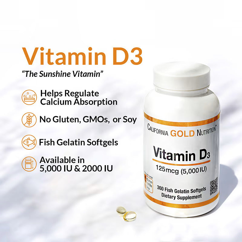 California Gold Nutrition Vitamin D3 125 mcg (5000 IU) - Dietary Supplements - No Gluten, No GMOs, No Soy - 90 Capsules