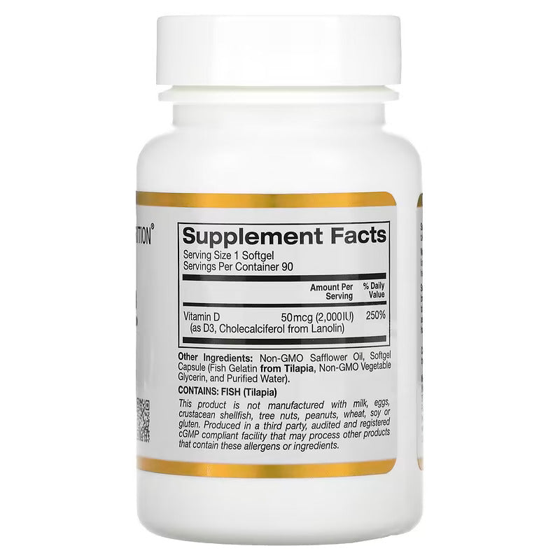 California Gold Nutrition Vitamin D3 50 mcg (2000 IU) - Dietary Supplements - No Gluten, No GMOs, No Soy - 90 Capsules