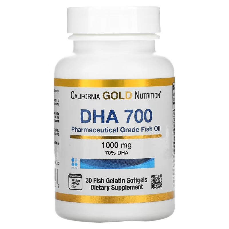 California Gold Nutrition DHA 700 Pharmaceutical Grade Fish Oil 1000 mg, 70% DHA  - Dietary Supplement  - Free From Gluten, GMO's & Soy - 30 Fish Gelatin Softgels