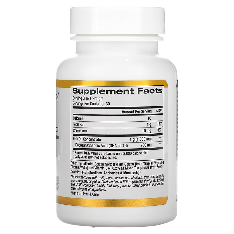 California Gold Nutrition DHA 700 Pharmaceutical Grade Fish Oil 1000 mg, 70% DHA  - Dietary Supplement  - Free From Gluten, GMO's & Soy - 30 Fish Gelatin Softgels