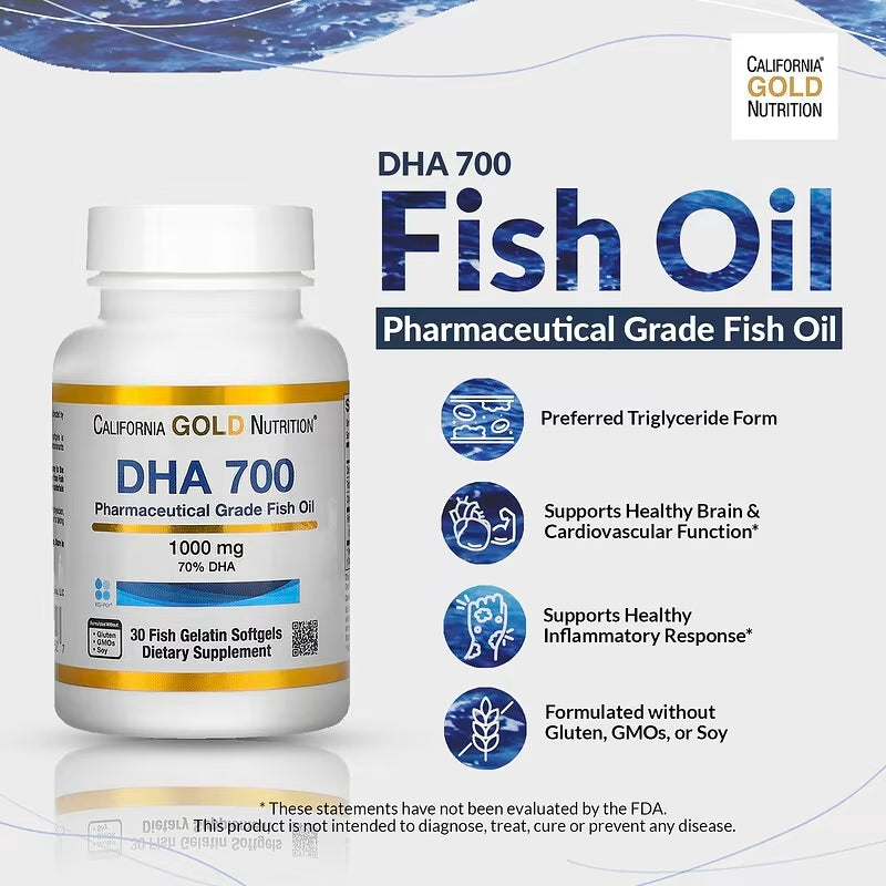 California Gold Nutrition DHA 700 Pharmaceutical Grade Fish Oil 1000 mg, 70% DHA  - Dietary Supplement  - Free From Gluten, GMO's & Soy - 30 Fish Gelatin Softgels