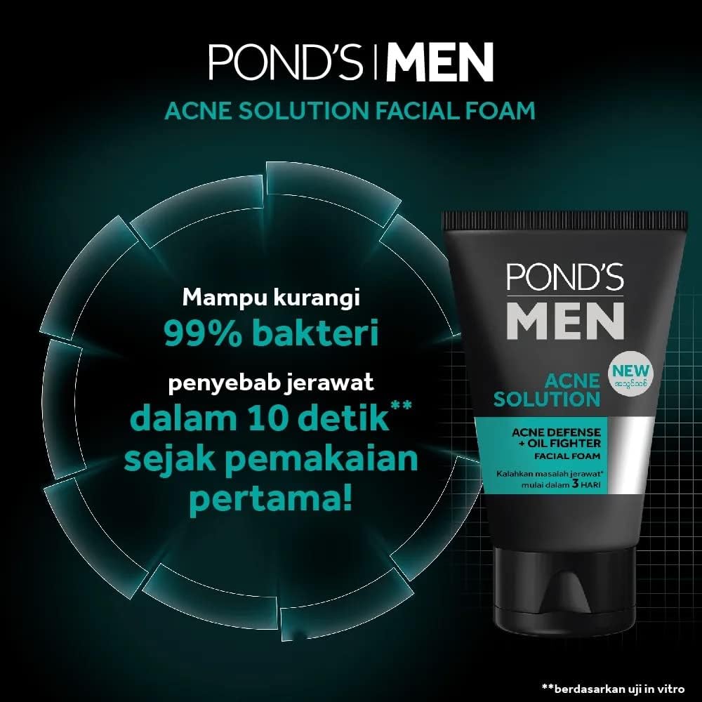 Pond's Men Acne Solution Facial Foam - Acne Defense & Oil Fighter - Reduces Bacteria that cause Acne - Able to Overcome Acne Starting in 3 Days - 100 g