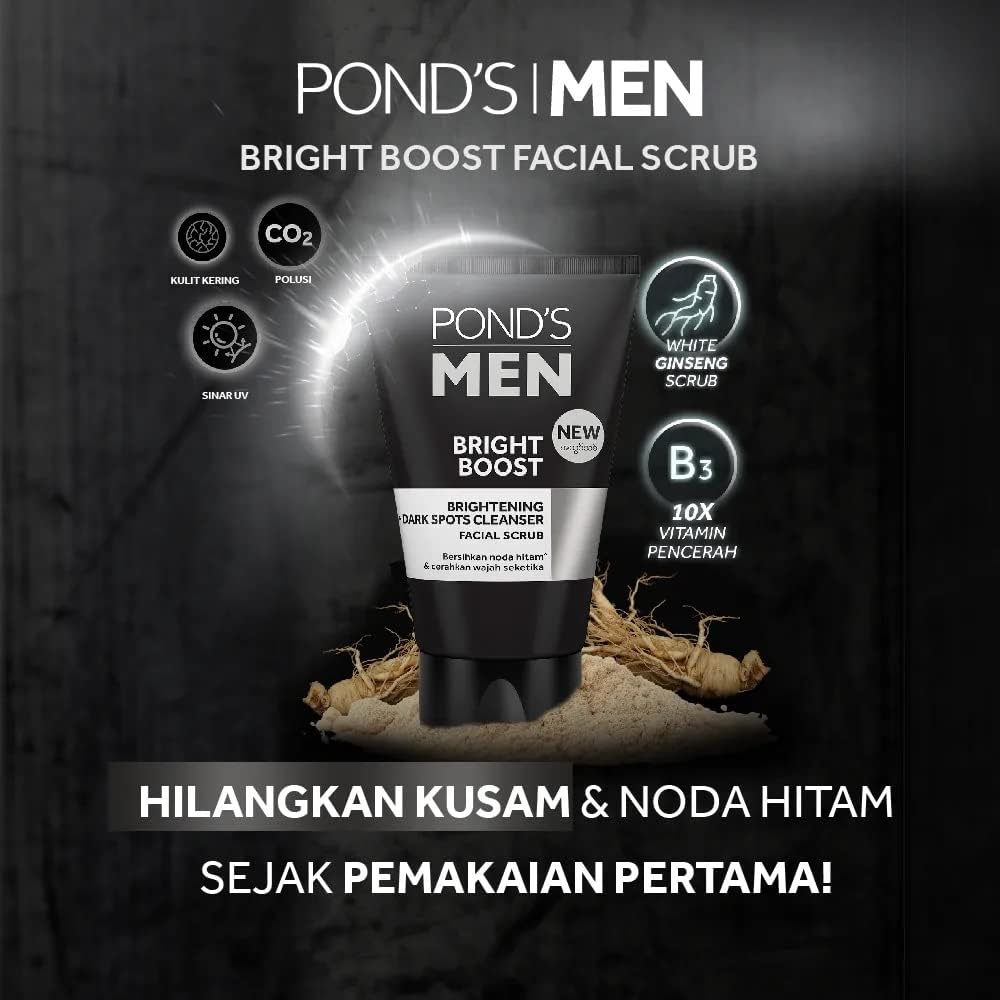 Pond's Men Bright Boost Facial Scrub  - Brightening & Dark Spots Cleanser - Instantly Brightens Skin - Gentle Exfoliation - For All Skin Types - 100 g