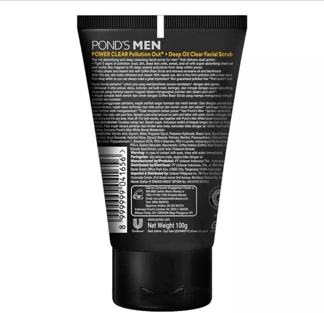 Pond's Men Power Clear Facial Scrub - Pollution Out & Deep Oil Clear  - Deep Cleansing Facial Scrub - Removes Excessive Oils and Blackheads - 100 g
