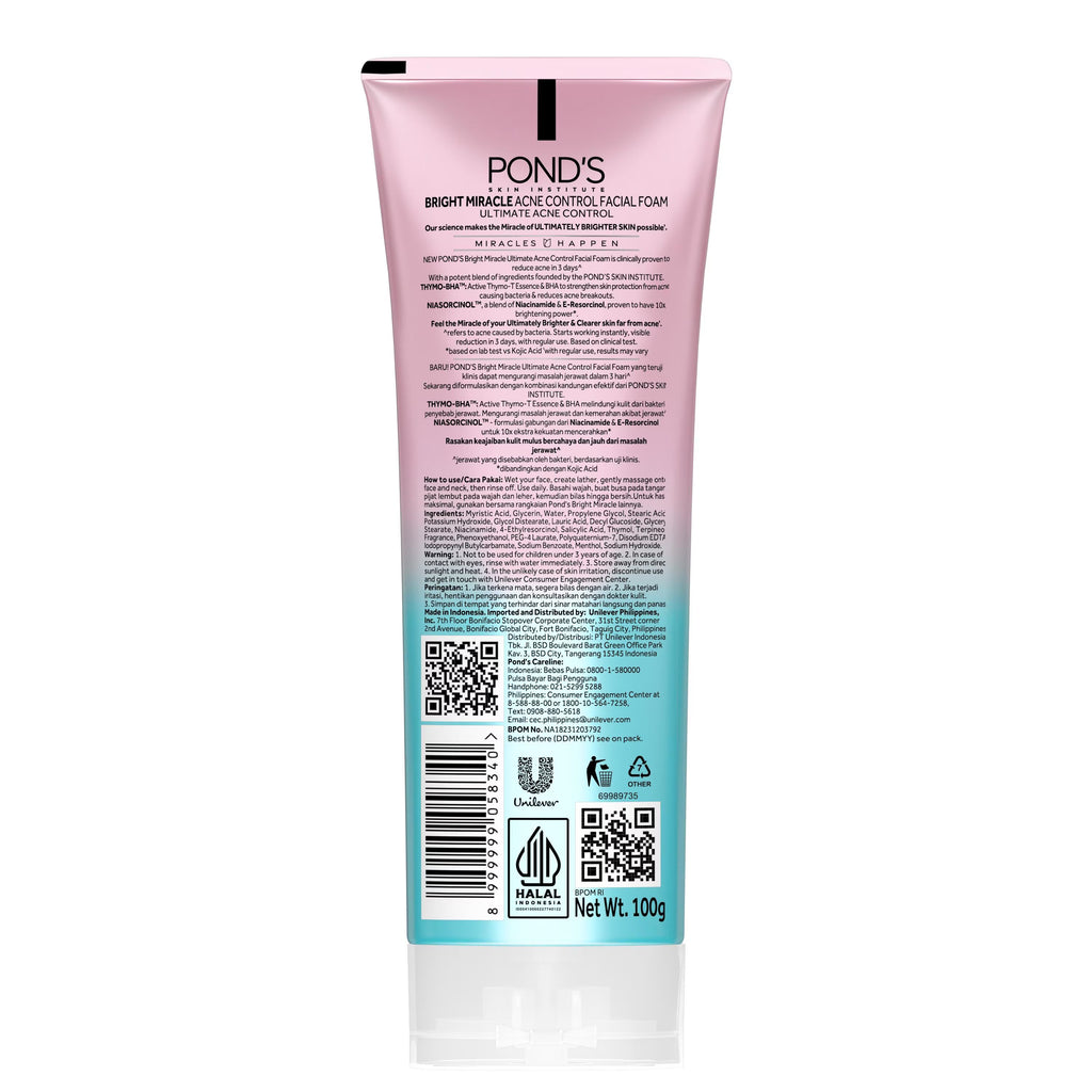 Pond's Bright Miracle Ultimate Acne Control Facial Foam - With Thymo-BHA & Niasorcinol - Reduce Acne in 3 Days - 100 g