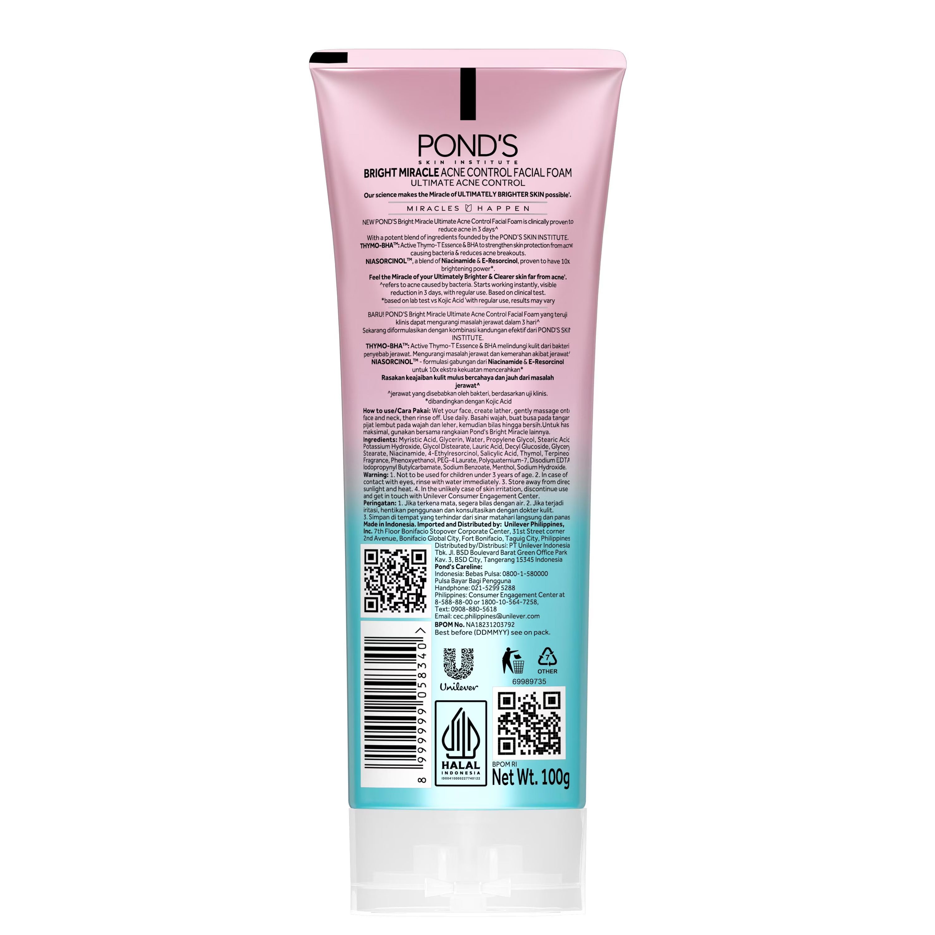 Pond's Bright Miracle Ultimate Acne Control Facial Foam - With Thymo-BHA & Niasorcinol - Reduce Acne in 3 Days - 100 g