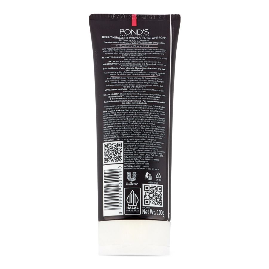 Pond's Bright Miracle Ultimate Oil Control Whip Foam - With 10x Collagen & Niasorcinol - Gently Deep Cleanse & Remove Oil - 100 g