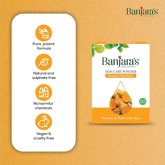 Banjaras  Pam Kasturi Turmeric Skin Powder  - Rid Dark Cricles and Dead Skin Cell - Brighten The Skin - Flawless & Marks Free Skin- 100g