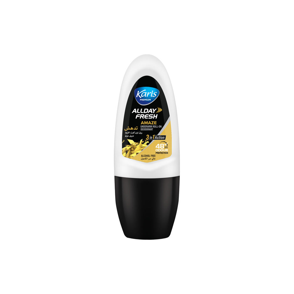 Karis Premium Underarm Roll-On Deodorant - All Day Fresh Amaze 3 in 1 Action - Alcohol Free and Provides 48 Hours of Odour Protection - 50 ml