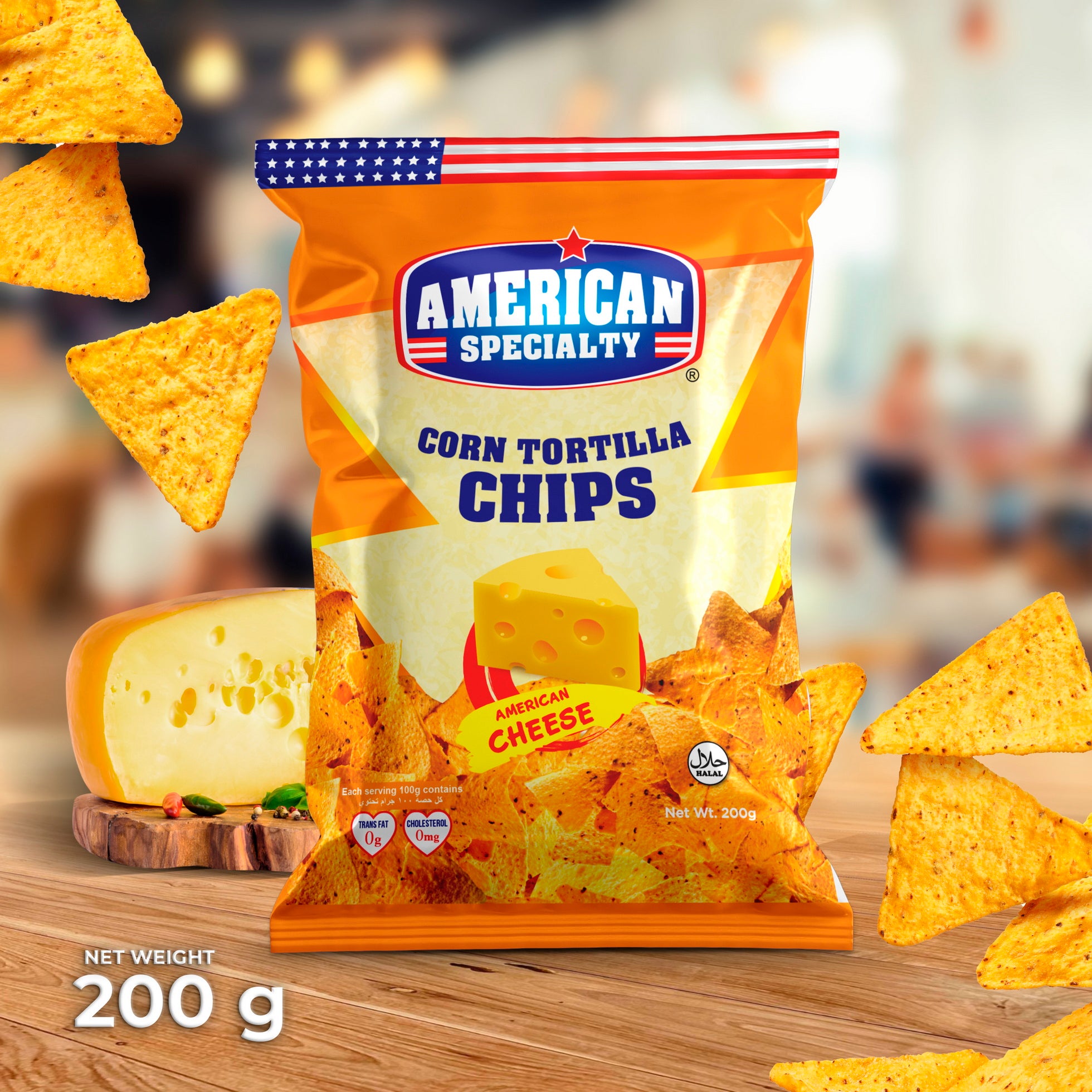 American Specialty Corn Tortilla Chips American Cheese - Zero Cholesterol and Zero Transfat - Suitable for Snacks and Desserts - 200g