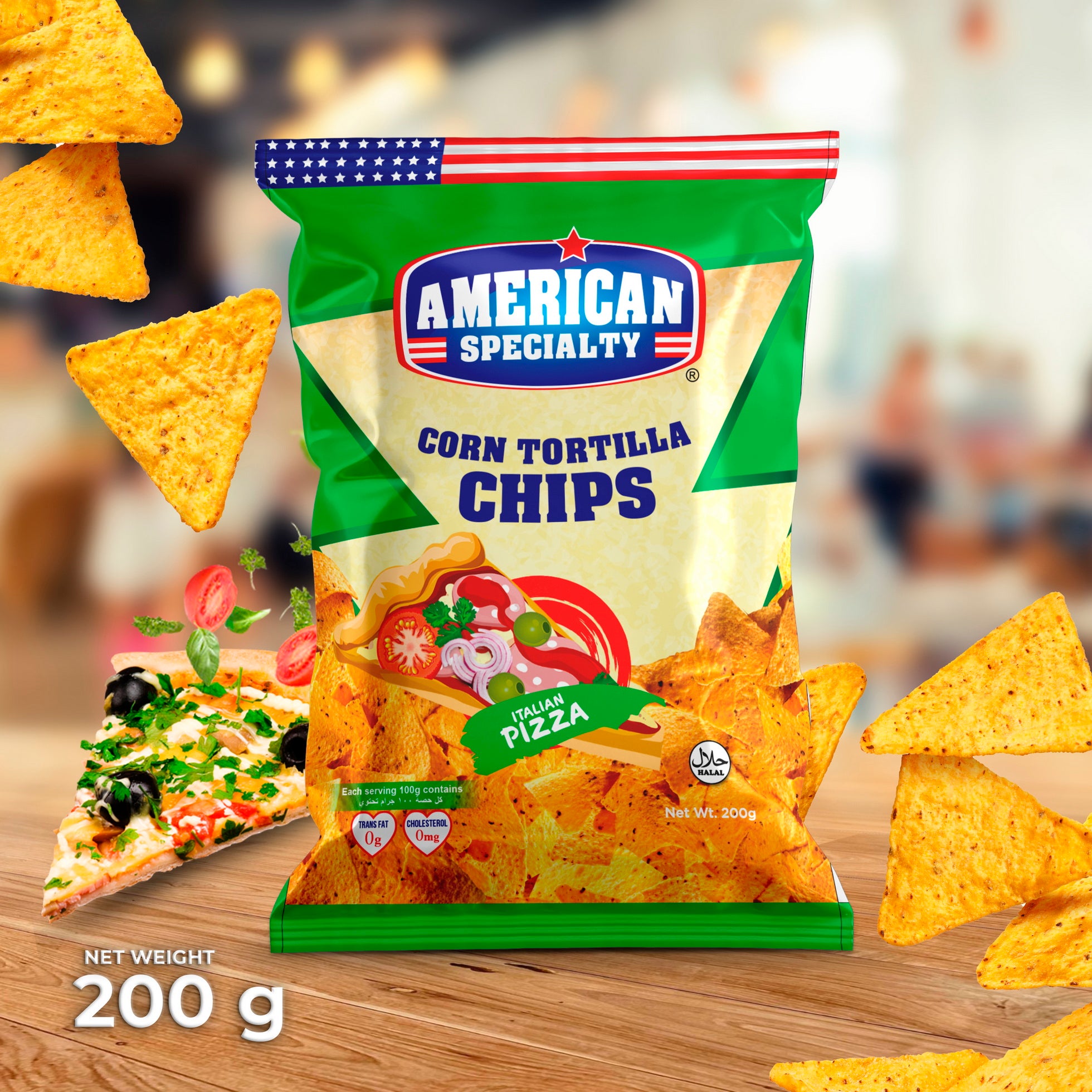 American Specialty Corn Tortilla Chips Italian Pizza - Zero Cholesterol and Zero Transfat - Suitable for Snacks and Desserts - 200g