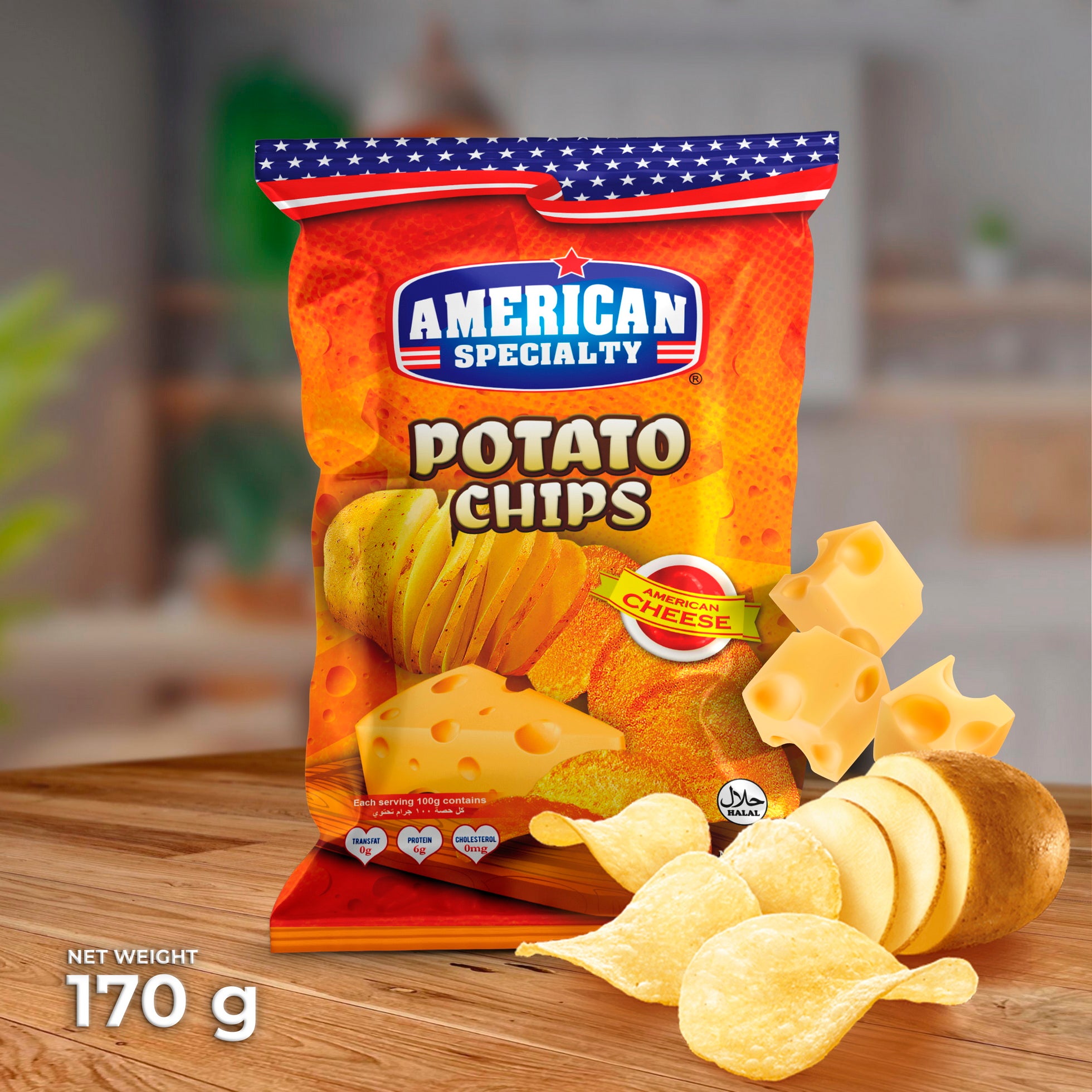 American Specialty Potato Chips  American Cheese  - Zero Cholesterol and Zero Transfat - Suitable for Snacks and Desserts - 170 grams