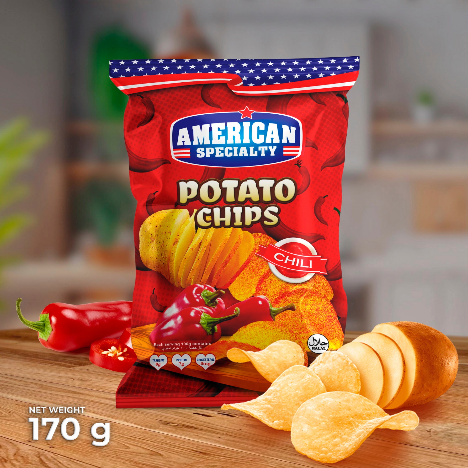 American Specialty Potato Chips Chili - Zero Cholesterol and Zero Transfat - Suitable for Snacks and Desserts - 170 grams