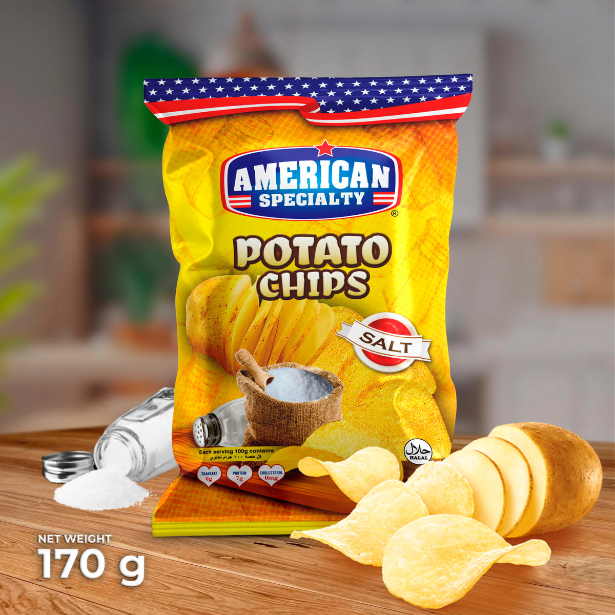 American Specialty Potato Chips Salt - Zero Cholesterol and Zero Transfat - Suitable for Snacks and Desserts - 170 grams