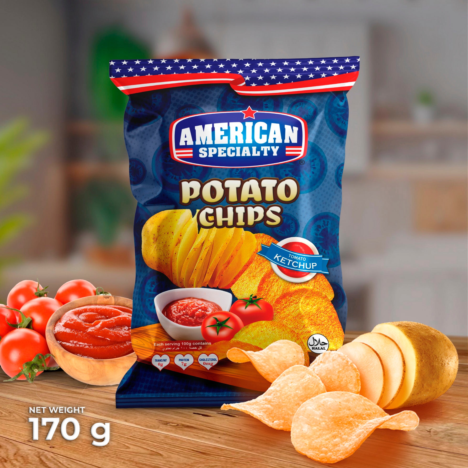 American Specialty Potato Chips Tomato Ketchup - Zero Cholesterol and Zero Transfat - Suitable for Snacks and Desserts - 170 grams