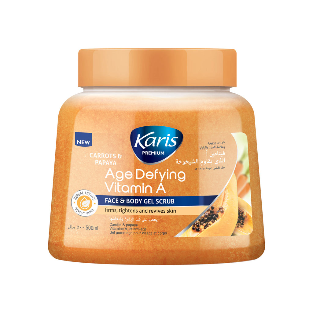 Karis Premium Face & Body Gel Scrub - Age Defying Vitamin A - Firms, Tightens & Revives Skin - with Herbal Actives - Carrots & Papaya - 500 ml