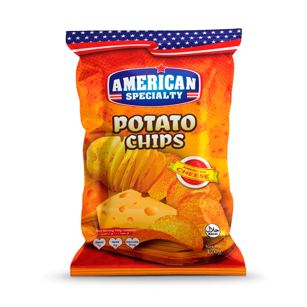 American Specialty Potato Chips  American Cheese  - Zero Cholesterol and Zero Transfat - Suitable for Snacks and Desserts - 170 grams