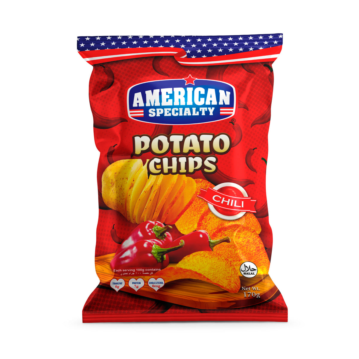 American Specialty Potato Chips Chili - Zero Cholesterol and Zero Transfat - Suitable for Snacks and Desserts - 170 grams