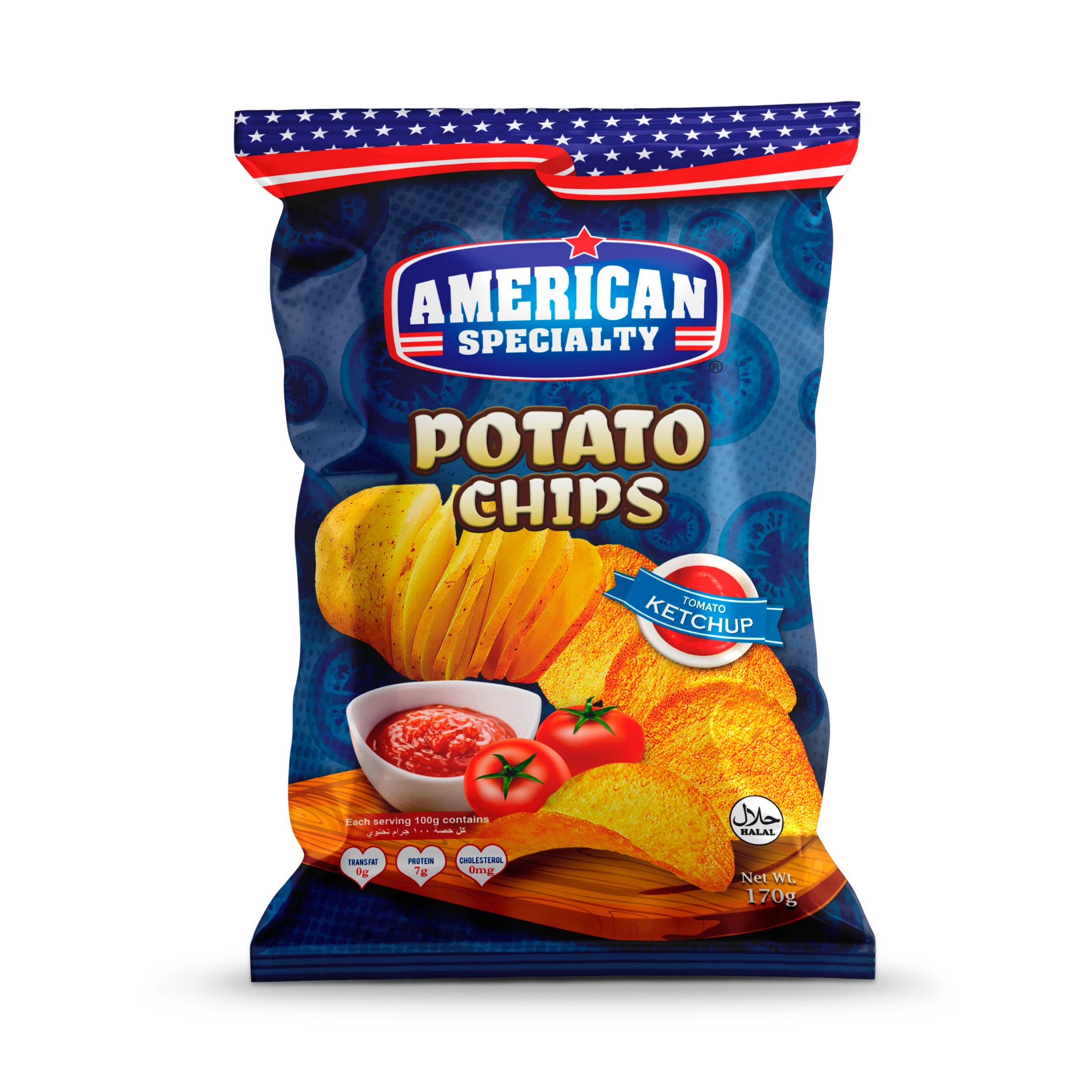 American Specialty Potato Chips Tomato Ketchup - Zero Cholesterol and Zero Transfat - Suitable for Snacks and Desserts - 170 grams