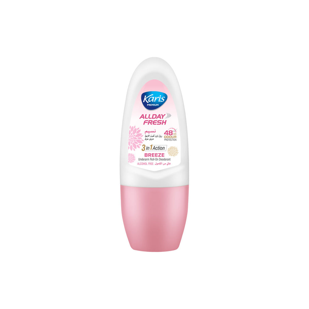 Karis Premium Underarm Roll-On Deodorant - Breeze All Day Fresh 3 in 1 Action - Alcohol Free & Provides 48 Hours of Odour Protection- 50 ml