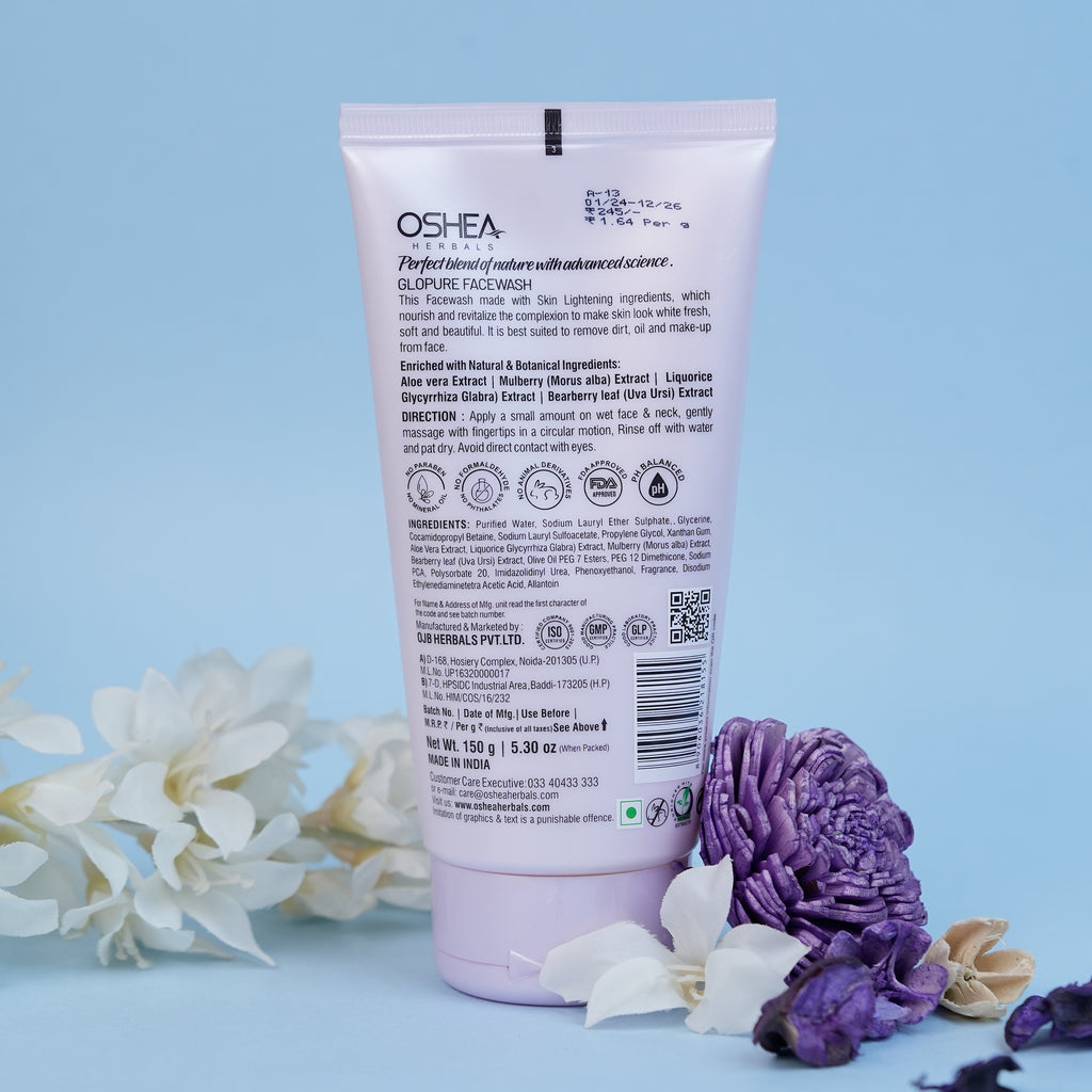 Oshea Herbals Glopure Lightening Facewash - Hydrates Skin & Deep Cleansing - Lightens Skin Tone - Removes Impurities - Enriched with Mulberry & Licorice Extract - 150 grams