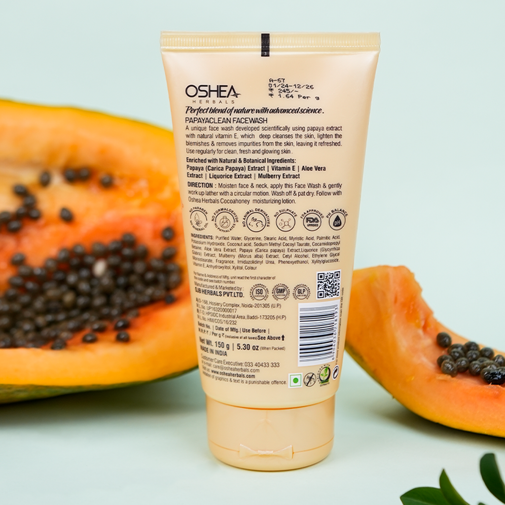 Oshea Herbals Papaya Clean Anti Blemish Face Wash - Hydrates Skin - Deep Cleansing - Lightens Blemishes & Removes Impurities - Enriched w/ Papaya Extracts & Vitamin E  - 150 grams