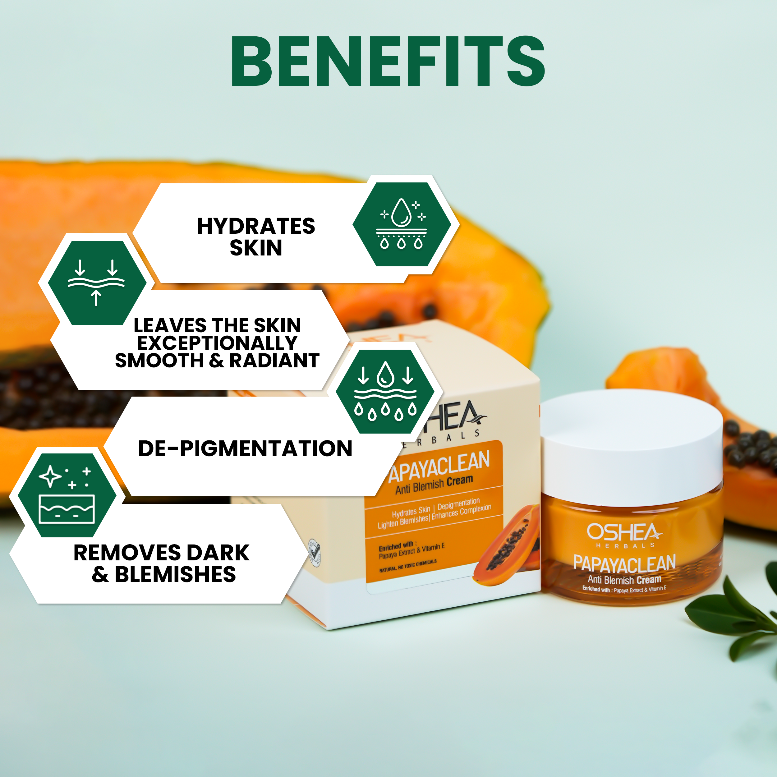 Oshea Herbals Papaya Clean Anti Blemish Cream - Hydrates Skin - Lightens Blemishes & Enhances Complexion - Enriched with Papaya Extract & Vitamin E - No Toxic Chemicals - 50 grams