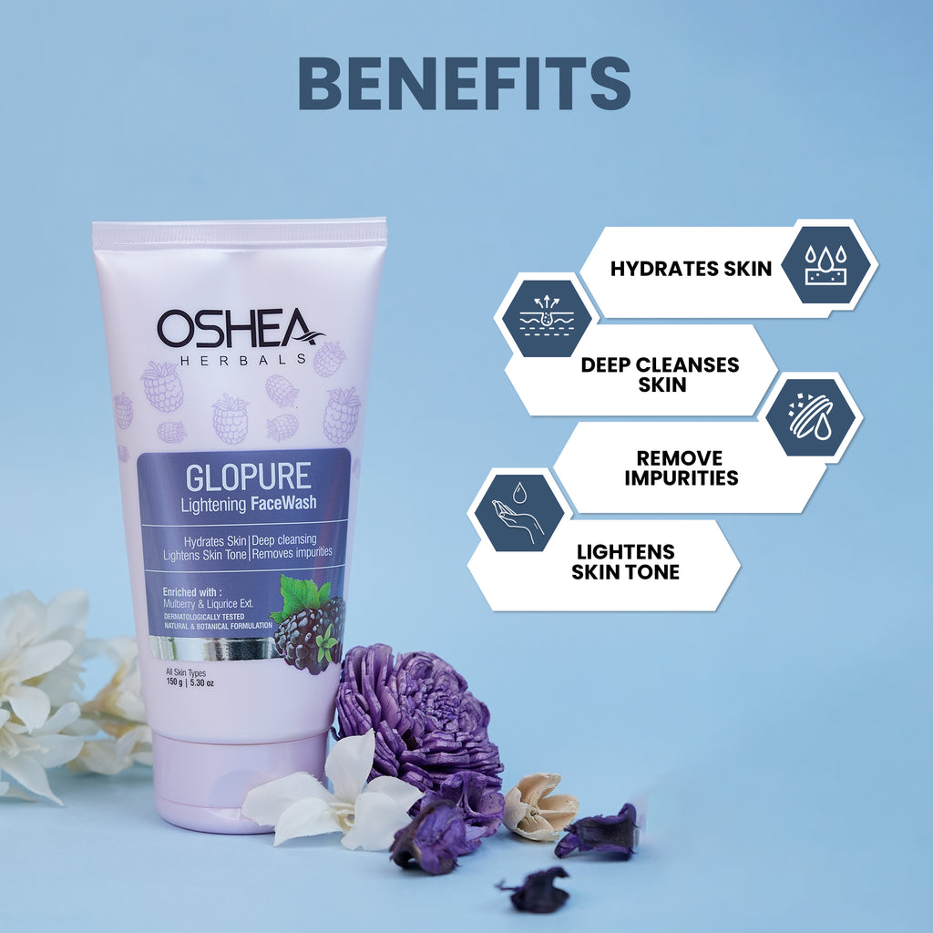 Oshea Herbals Glopure Lightening Facewash - Hydrates Skin & Deep Cleansing - Lightens Skin Tone - Removes Impurities - Enriched with Mulberry & Licorice Extract - 150 grams