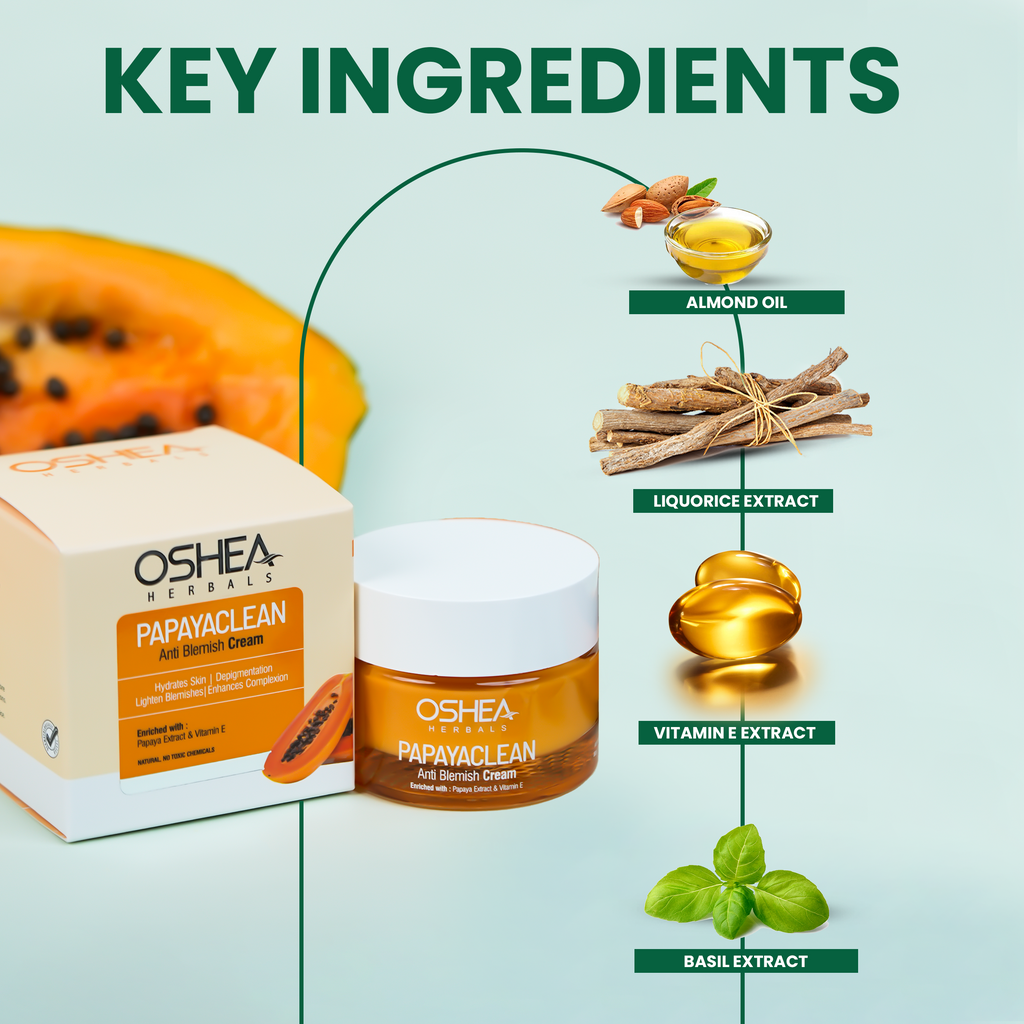 Oshea Herbals Papaya Clean Anti Blemish Cream - Hydrates Skin - Lightens Blemishes & Enhances Complexion - Enriched with Papaya Extract & Vitamin E - No Toxic Chemicals - 50 grams
