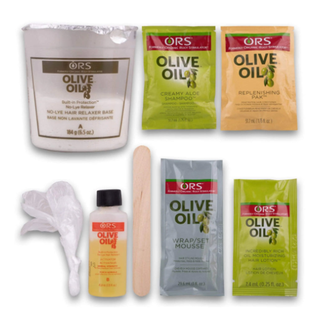 ORS Organic Root Stimulator - Olive Oil No-Lye Hair Relaxer - Normal - w/ Relaxer Base/Activator, Conditioner, Replenishing Pak, Aloe Shampoo, Wrap/Set Mousse & Hair Lotion - 1 Complete Application