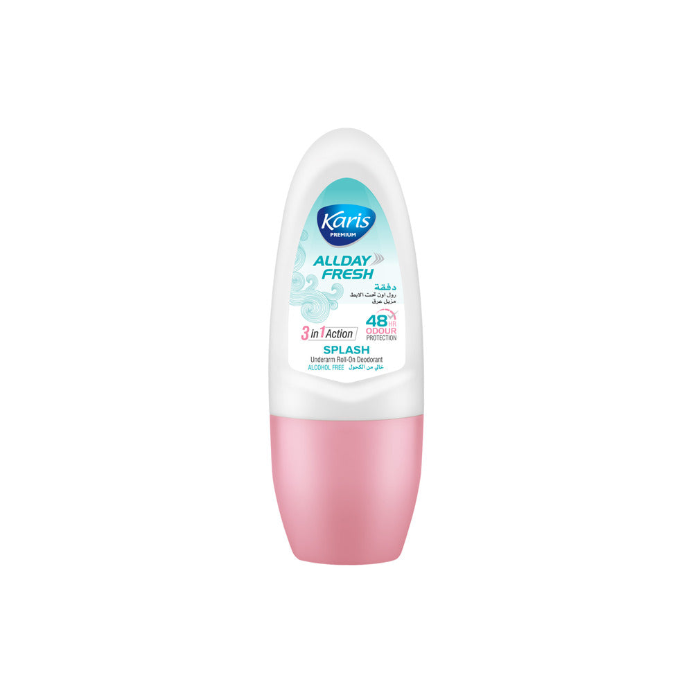 Karis Premium Underarm Roll-On Deodorant - Splash All Day Fresh 3 in 1 Action - Alcohol Free and Provides 48 Hours of Odour Protection - 50 ml