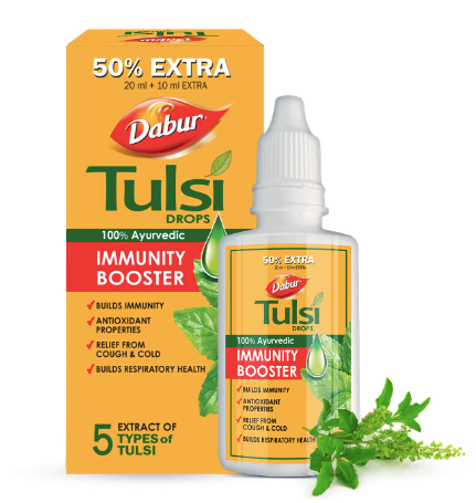Dabur Tulsi Drops 100% Ayurvedic, Immunity Booster,5 Extract of Types of Tulsi Helps provide relief from cough and cold & helps in relieving mucus.30ml