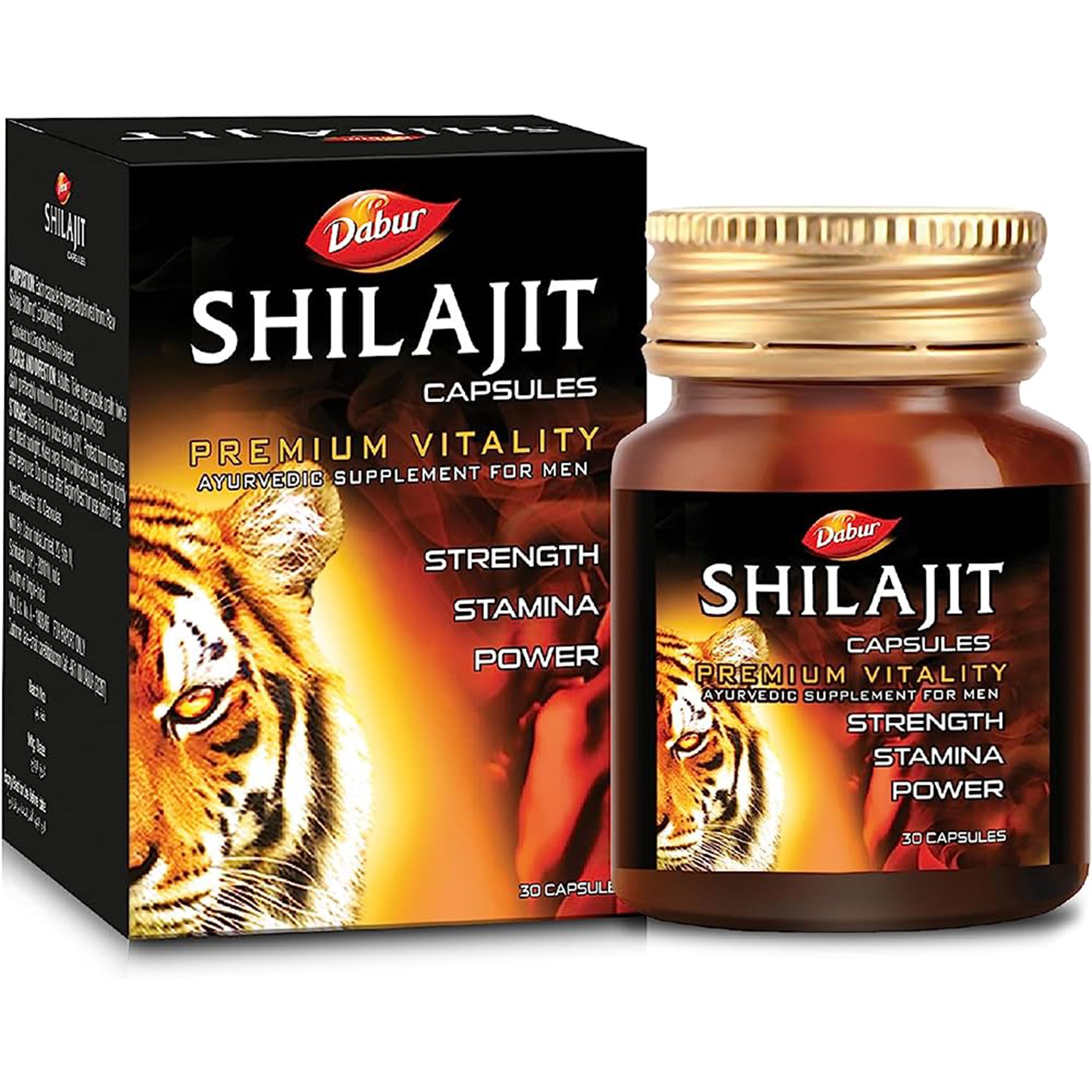 Dabur Shilajit Capsules Premium Vitality Ayurvedic Supplement for Men - Packed with the Power of Herbs & Ayurvedic Formulation - Helps Improve Strength, Immunity & Power - 30 Capsules
