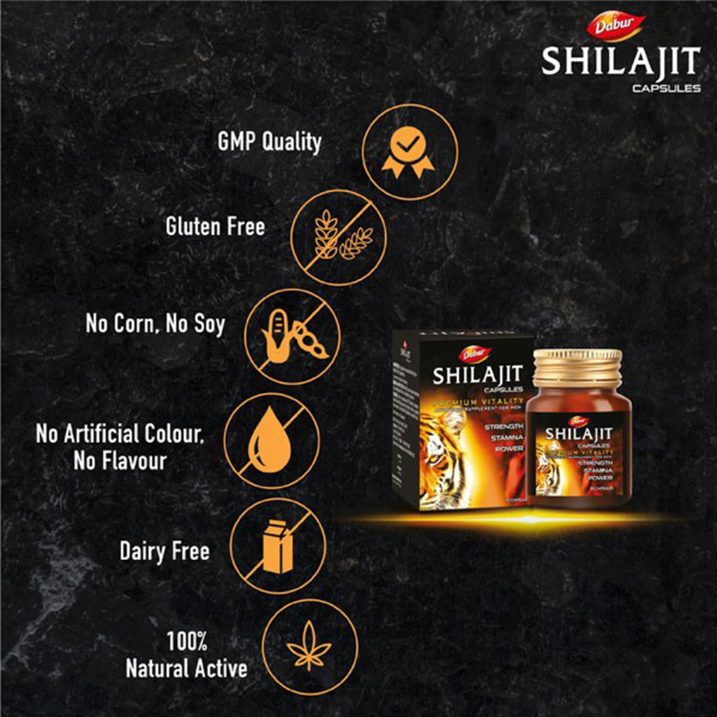 Dabur Shilajit Capsules Premium Vitality Ayurvedic Supplement for Men - Packed with the Power of Herbs & Ayurvedic Formulation - Helps Improve Strength, Immunity & Power - 30 Capsules