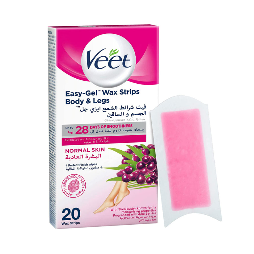 Veet Easy Gel Wax Strips For Body & Legs Up to 28 Days of Smoothness  With Shea Butter Fragrance and Acai Berries - 20 Wax Strips