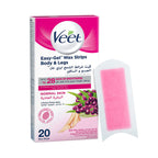 Veet Easy Gel Wax Strips For Body & Legs Up to 28 Days of Smoothness  With Shea Butter Fragrance and Acai Berries - 20 Wax Strips