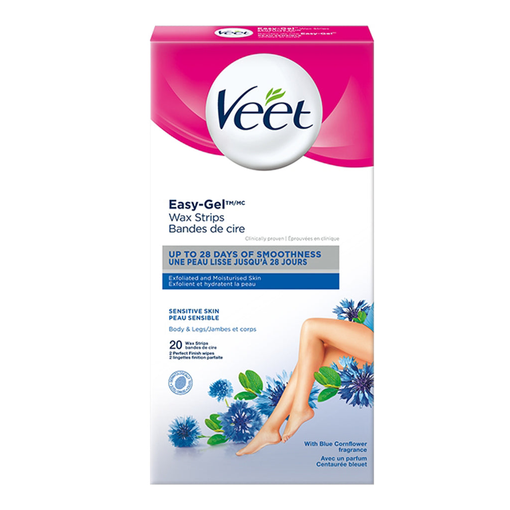 Veet Easy Gel Wax Strips For Body & Legs Up to 28 Days of Smoothness  With Soothing Blue Cornflower Fragrance - 20 Wax Strips