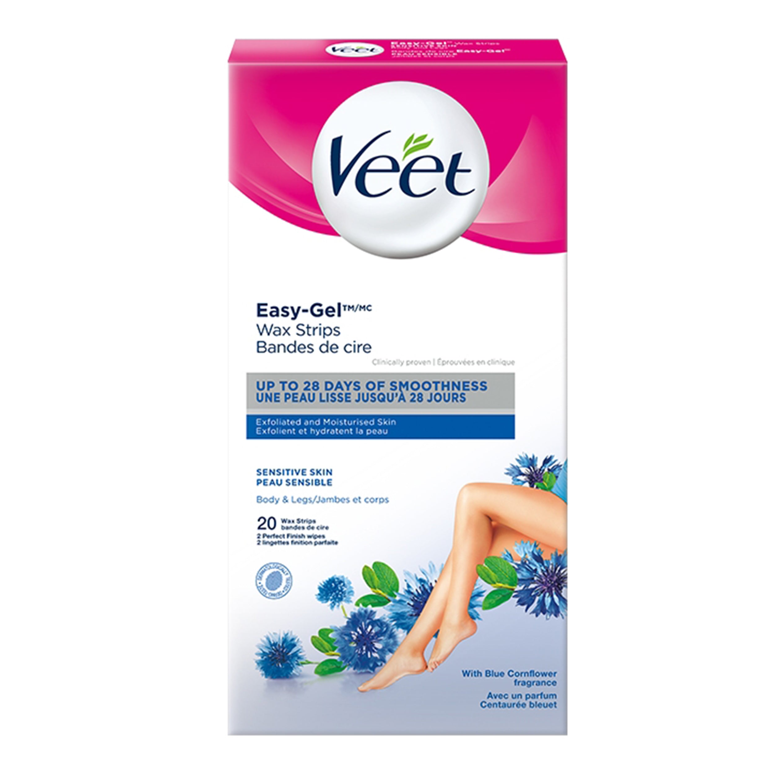 Veet Easy Gel Wax Strips For Body & Legs Up to 28 Days of Smoothness  With Soothing Blue Cornflower Fragrance - 20 Wax Strips