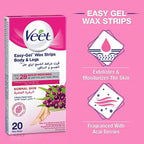 Veet Easy Gel Wax Strips For Body & Legs Up to 28 Days of Smoothness  With Shea Butter Fragrance and Acai Berries - 20 Wax Strips