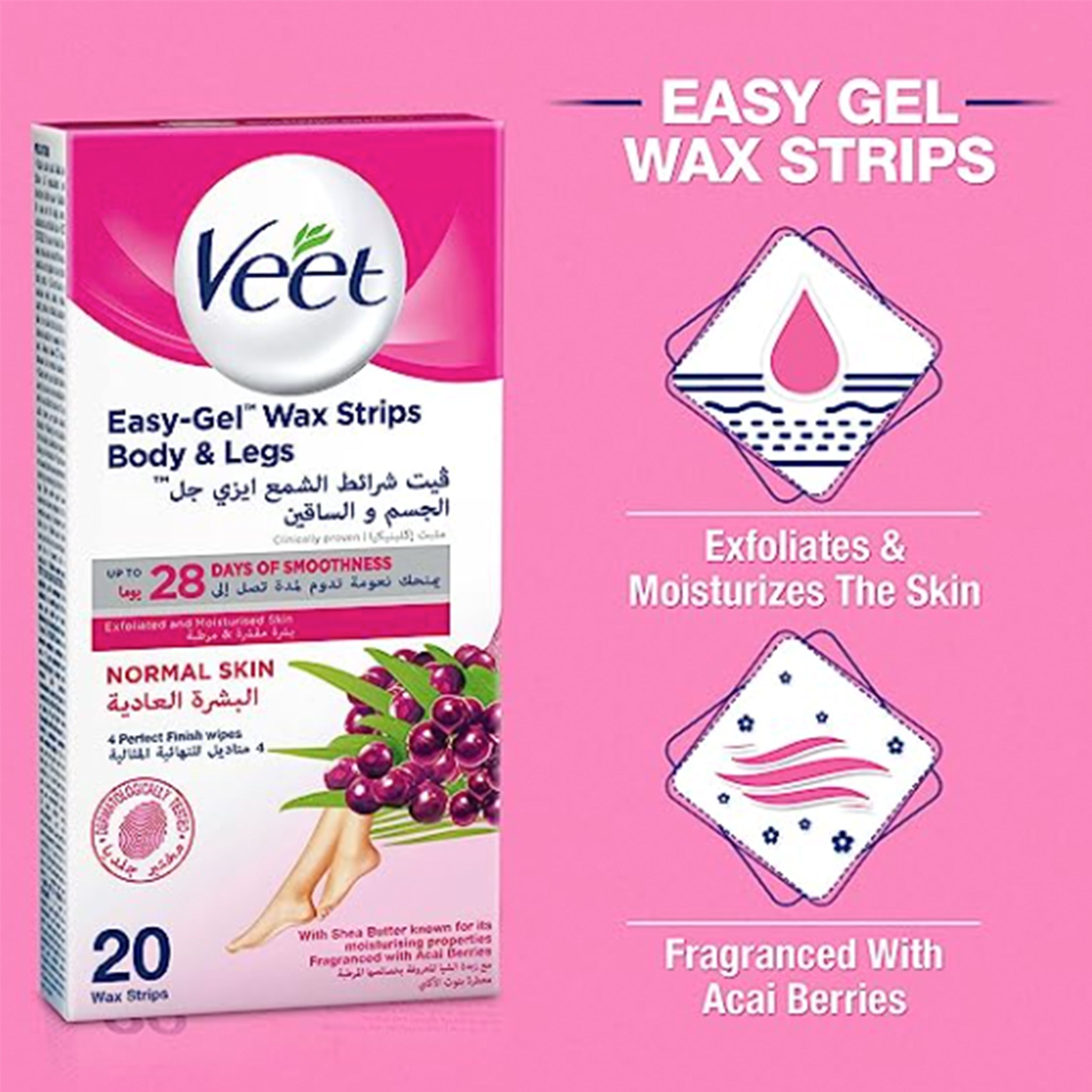 Veet Easy Gel Wax Strips For Body & Legs Up to 28 Days of Smoothness  With Shea Butter Fragrance and Acai Berries - 20 Wax Strips