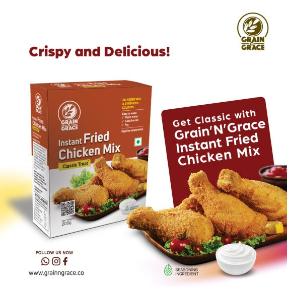 Grain N Grace Instant Fried Chicken Mix - Classic Treat - No added MSG & Synthetic Colours - Make Chicken with Crispy and Flaky Coating - 200g