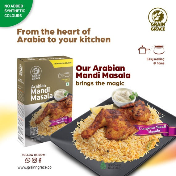 Grain N Grace Arabian Mandi Masala  - No Artificial Colours - 50g Rice Masala + 40g Chicken Masala + 10g Seasoning - Easy to Prepare - 100 g