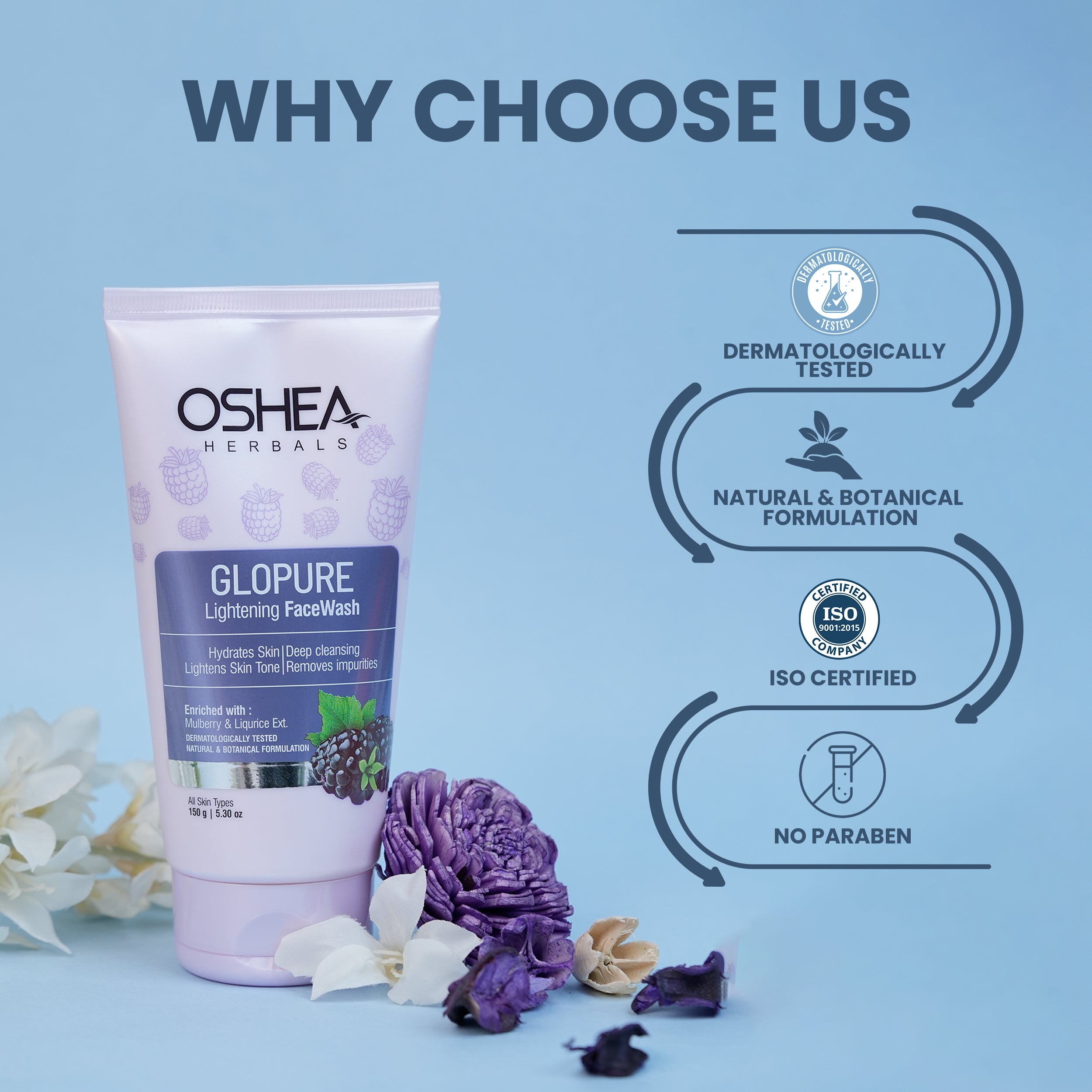 Oshea Herbals Glopure Lightening Facewash - Hydrates Skin & Deep Cleansing - Lightens Skin Tone - Removes Impurities - Enriched with Mulberry & Licorice Extract - 150 grams