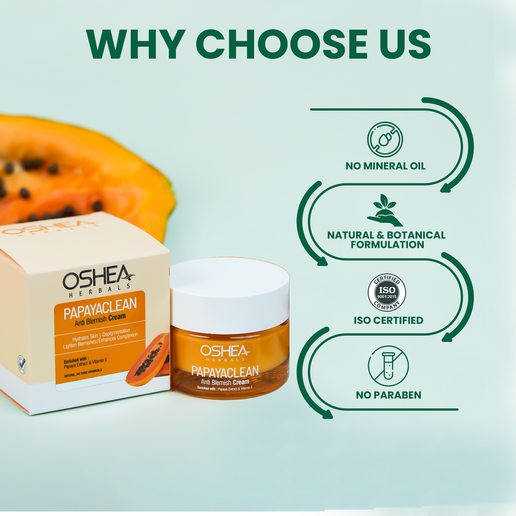 Oshea Herbals Papaya Clean Anti Blemish Cream - Hydrates Skin - Lightens Blemishes & Enhances Complexion - Enriched with Papaya Extract & Vitamin E - No Toxic Chemicals - 50 grams