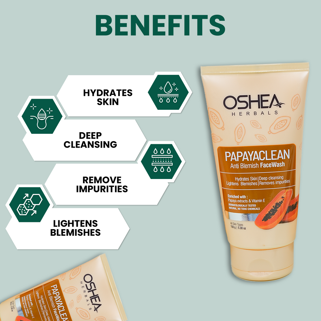Oshea Herbals Papaya Clean Anti Blemish Face Wash - Hydrates Skin - Deep Cleansing - Lightens Blemishes & Removes Impurities - Enriched w/ Papaya Extracts & Vitamin E  - 150 grams