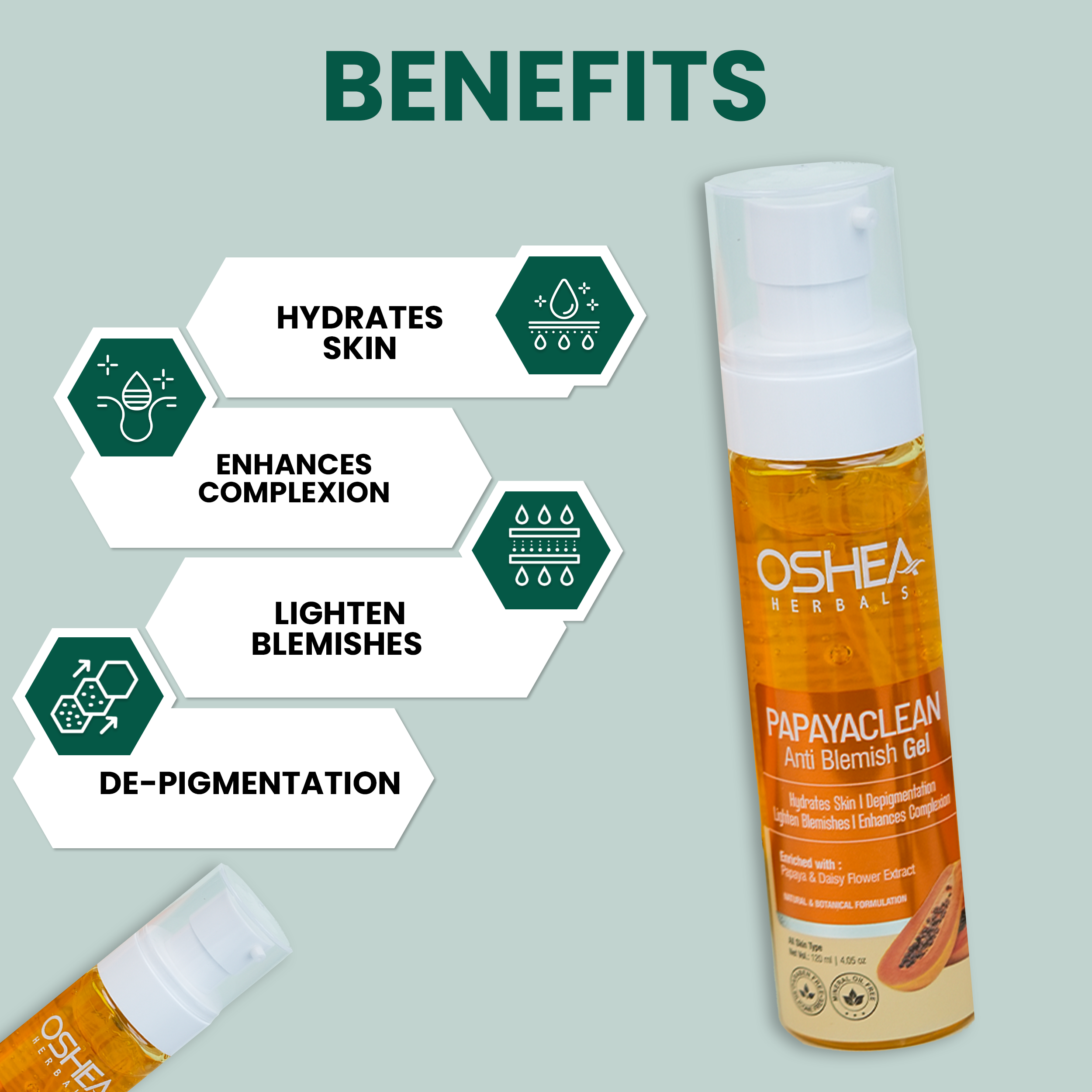 Oshea Herbals Papaya Clean Anti Blemishes Gel - Hydrates Skin - Lightens Blemishes & Enhances Complexion - For All Skin Type - Enriched with Papaya & Daisy Flower Extract - 120 ml