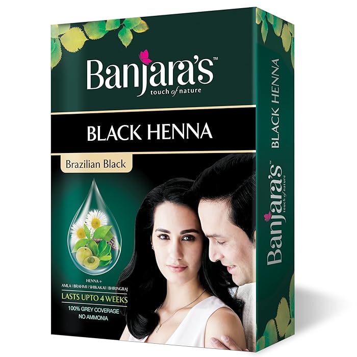 Banjaras  Brazillian Black Hena - Long-Lasting Rich Black Colour - Prevents Hair Fall & Hair Graying - 100% Grey Hair Coverage & No Ammonia - With Henna, Amla, Bhringraj & Brahmi - 54g